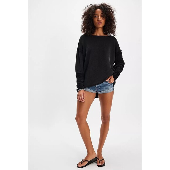 Free People Midnight Drift Pullover Sweatshirt Top Black Cotton S NWT 283708 - Picture 1 of 7
